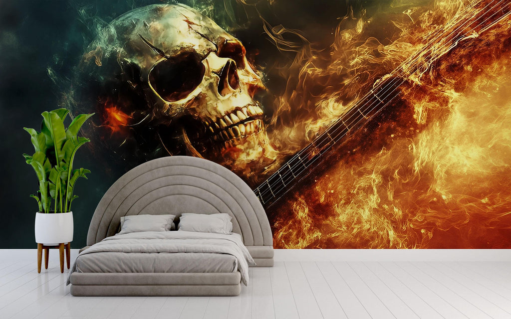 Flaming Skull Guitar Wallpaper – Fire Rock Music Wall Mural – Skull Music Lover Decor – Grunge Bedroom Art – Peel And Stick Wallpaper Gift