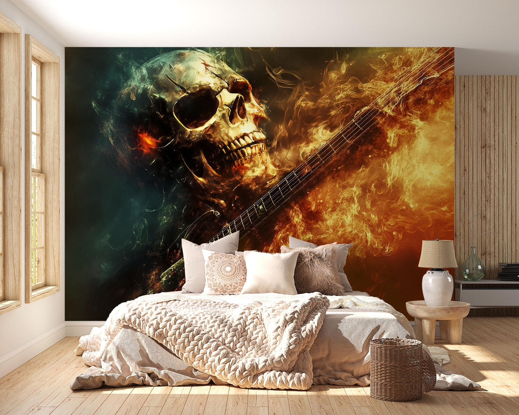 Flaming Skull Guitar Wallpaper – Fire Rock Music Wall Mural – Skull Music Lover Decor – Grunge Bedroom Art – Peel And Stick Wallpaper Gift