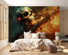 Load image into Gallery viewer, Flaming Skull Guitar Wallpaper – Fire Rock Music Wall Mural – Skull Music Lover Decor – Grunge Bedroom Art – Peel And Stick Wallpaper Gift