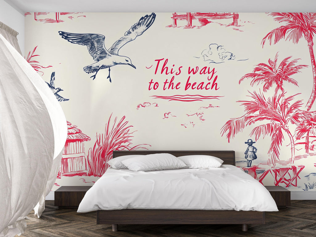 Beach House Wallpaper • Stylish Ocean Wall Mural • Tropical Coastal Decor for Bedroom or Living Room • “This Way to the Beach” Seaside Art