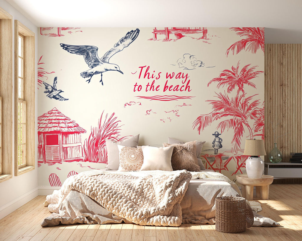 Beach House Wallpaper • Stylish Ocean Wall Mural • Tropical Coastal Decor for Bedroom or Living Room • “This Way to the Beach” Seaside Art