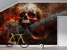 Load image into Gallery viewer, Burning Skull Guitar Wallpaper – Rock Music Wall Mural For Music Lovers – Grunge Skull Decor For Studio Or Bedroom – Peel And Stick Wallpape