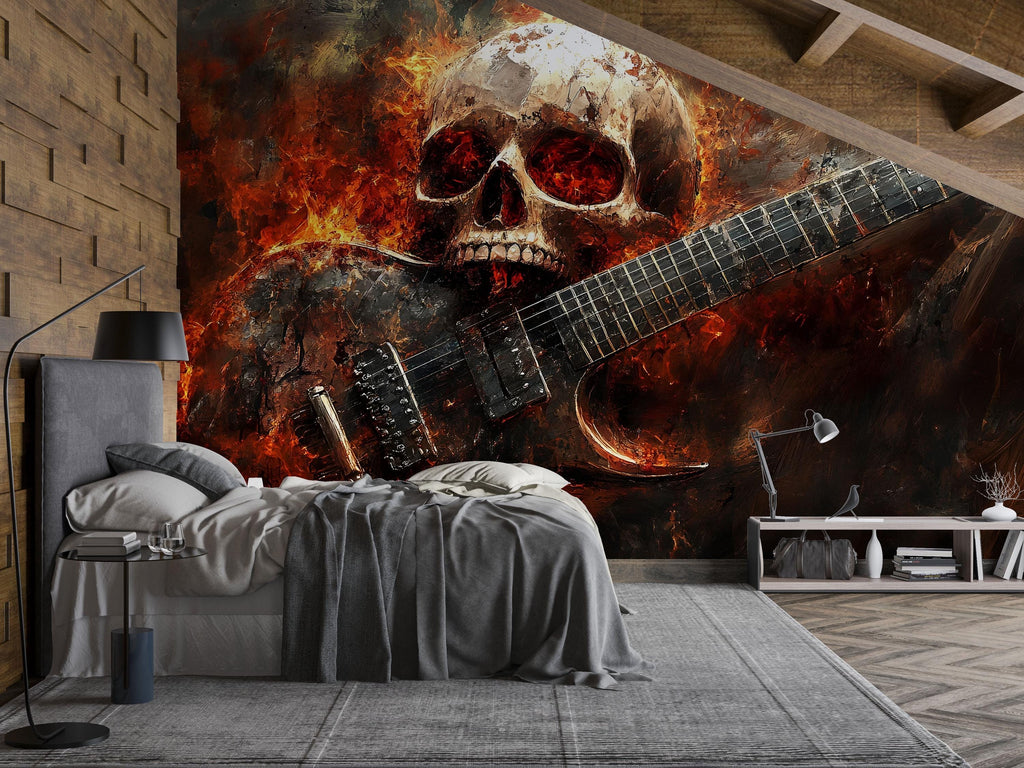 Burning Skull Guitar Wallpaper – Rock Music Wall Mural For Music Lovers – Grunge Skull Decor For Studio Or Bedroom – Peel And Stick Wallpape