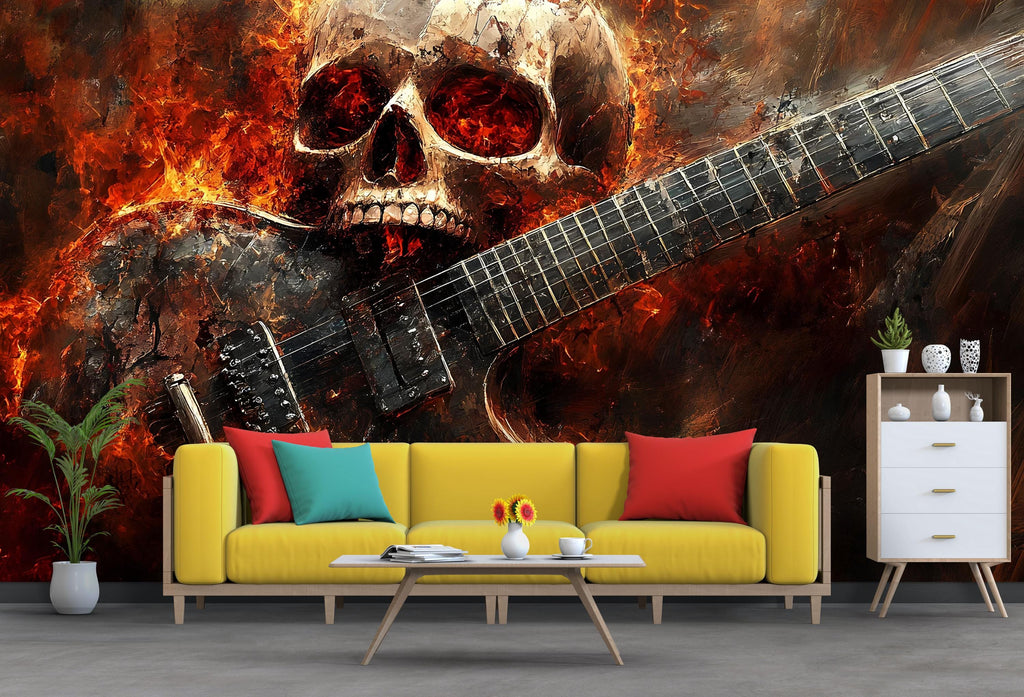 Burning Skull Guitar Wallpaper – Rock Music Wall Mural For Music Lovers – Grunge Skull Decor For Studio Or Bedroom – Peel And Stick Wallpape