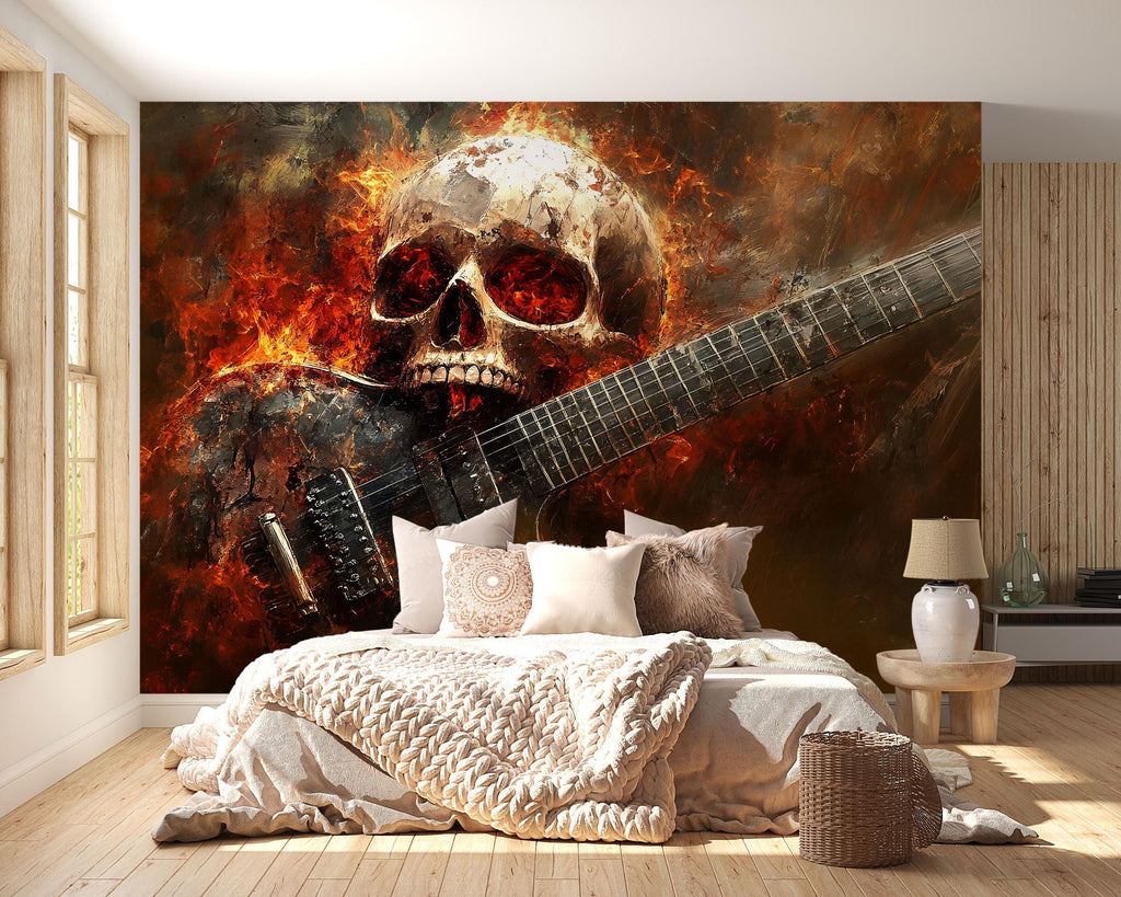 Burning Skull Guitar Wallpaper – Rock Music Wall Mural For Music Lovers – Grunge Skull Decor For Studio Or Bedroom – Peel And Stick Wallpape