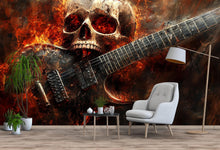 Load image into Gallery viewer, Burning Skull Guitar Wallpaper – Rock Music Wall Mural For Music Lovers – Grunge Skull Decor For Studio Or Bedroom – Peel And Stick Wallpape