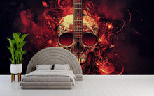 Load image into Gallery viewer, Ornamental Skull Guitar Wallpaper – Fiery Red Rock Music Wall Mural – Skull Art For Music Studio, Teen Room Or Man Cave – Peel And Stick