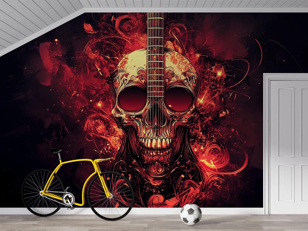 Ornamental Skull Guitar Wallpaper – Fiery Red Rock Music Wall Mural – Skull Art For Music Studio, Teen Room Or Man Cave – Peel And Stick