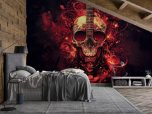 Load image into Gallery viewer, Ornamental Skull Guitar Wallpaper – Fiery Red Rock Music Wall Mural – Skull Art For Music Studio, Teen Room Or Man Cave – Peel And Stick