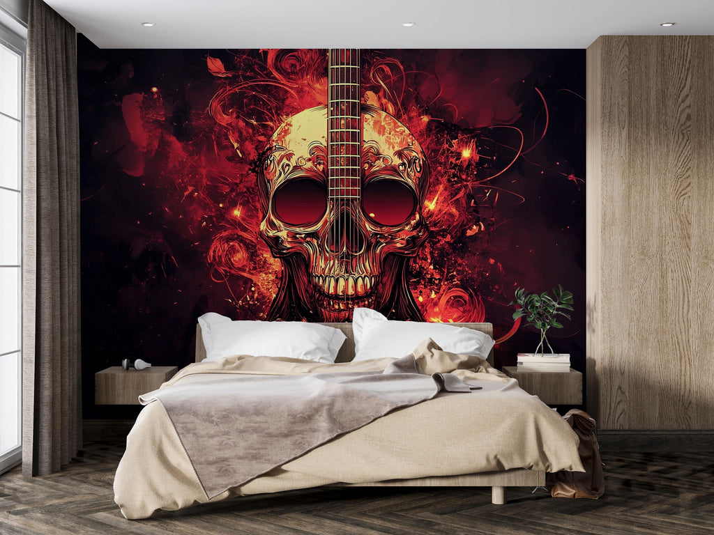 Ornamental Skull Guitar Wallpaper – Fiery Red Rock Music Wall Mural – Skull Art For Music Studio, Teen Room Or Man Cave – Peel And Stick