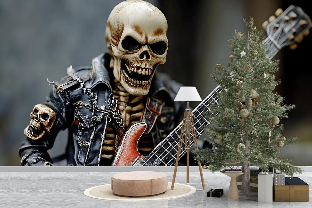 Skeleton Rocker Guitar Wallpaper – Cool Skull In Leather Jacket Music Wall Mural – Edgy Peel And Stick Rock Decor For Music Studio