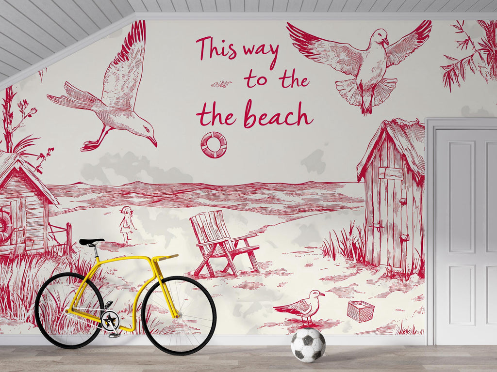 Beach House Wallpaper – Vintage Red And White Coastal Wall Mural With Seagull, Huts, And Chairs – Stylish “This Way To The Beach” Decor