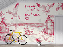 Load image into Gallery viewer, Beach House Wallpaper – Vintage Red And White Coastal Wall Mural With Seagull, Huts, And Chairs – Stylish “This Way To The Beach” Decor