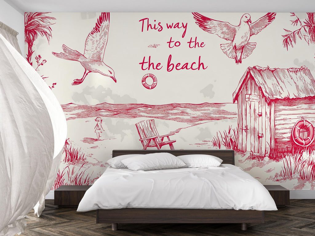Beach House Wallpaper – Vintage Red And White Coastal Wall Mural With Seagull, Huts, And Chairs – Stylish “This Way To The Beach” Decor