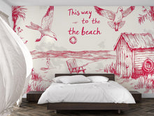 Load image into Gallery viewer, Beach House Wallpaper – Vintage Red And White Coastal Wall Mural With Seagull, Huts, And Chairs – Stylish “This Way To The Beach” Decor