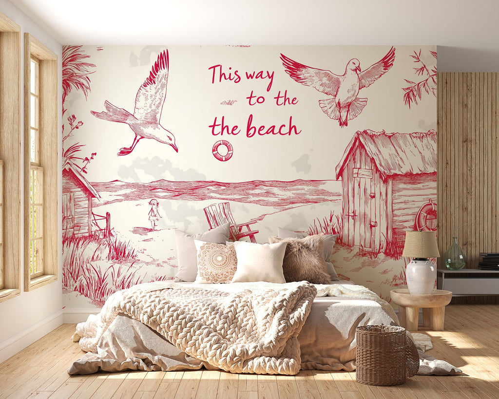 Beach House Wallpaper – Vintage Red And White Coastal Wall Mural With Seagull, Huts, And Chairs – Stylish “This Way To The Beach” Decor