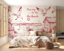 Load image into Gallery viewer, Beach House Wallpaper – Vintage Red And White Coastal Wall Mural With Seagull, Huts, And Chairs – Stylish “This Way To The Beach” Decor