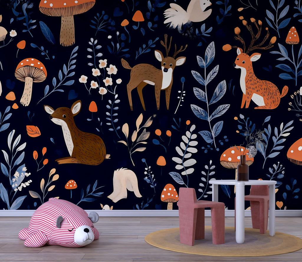 Woodland Animals Wallpaper – Dark Blue Forest Wall Mural With Cute Deer, Mushrooms, And Leaves – Stylish Nursery Decor For Baby Room