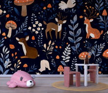 Load image into Gallery viewer, Woodland Animals Wallpaper – Dark Blue Forest Wall Mural With Cute Deer, Mushrooms, And Leaves – Stylish Nursery Decor For Baby Room