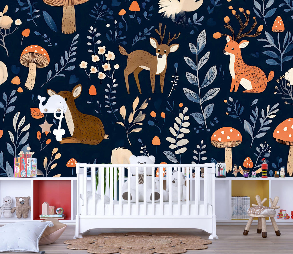 Woodland Animals Wallpaper – Dark Blue Forest Wall Mural With Cute Deer, Mushrooms, And Leaves – Stylish Nursery Decor For Baby Room