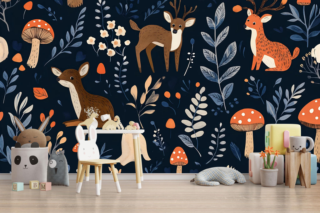 Woodland Animals Wallpaper – Dark Blue Forest Wall Mural With Cute Deer, Mushrooms, And Leaves – Stylish Nursery Decor For Baby Room