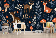 Load image into Gallery viewer, Woodland Animals Wallpaper – Dark Blue Forest Wall Mural With Cute Deer, Mushrooms, And Leaves – Stylish Nursery Decor For Baby Room