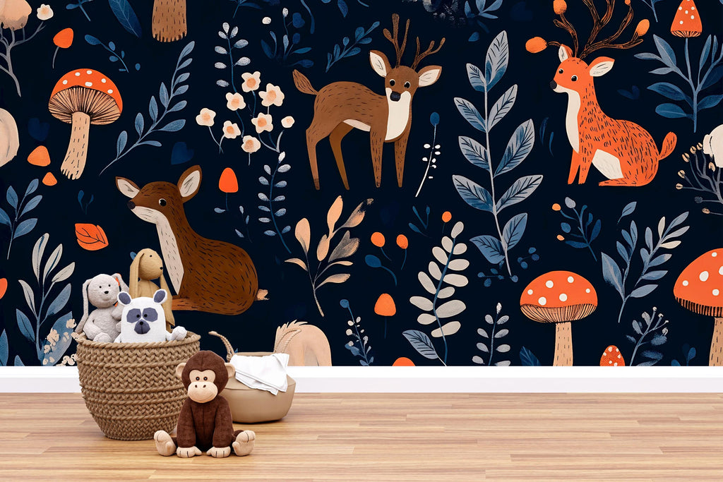 Woodland Animals Wallpaper – Dark Blue Forest Wall Mural With Cute Deer, Mushrooms, And Leaves – Stylish Nursery Decor For Baby Room