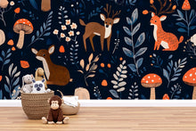Load image into Gallery viewer, Woodland Animals Wallpaper – Dark Blue Forest Wall Mural With Cute Deer, Mushrooms, And Leaves – Stylish Nursery Decor For Baby Room