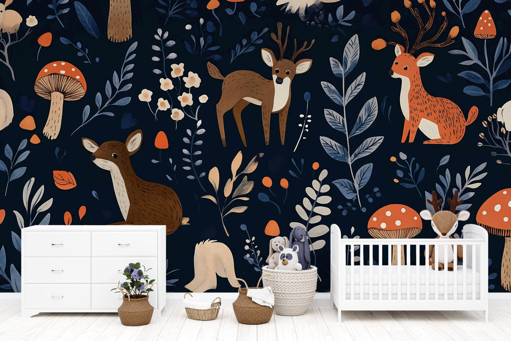 Woodland Animals Wallpaper – Dark Blue Forest Wall Mural With Cute Deer, Mushrooms, And Leaves – Stylish Nursery Decor For Baby Room