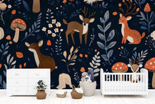 Load image into Gallery viewer, Woodland Animals Wallpaper – Dark Blue Forest Wall Mural With Cute Deer, Mushrooms, And Leaves – Stylish Nursery Decor For Baby Room