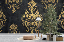 Load image into Gallery viewer, Luxury Baroque Black &amp; Gold Damask Wallpaper – Elegant Textured Wall Mural Vn639