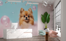 Load image into Gallery viewer, Cute Pomeranian Dog Wall Mural - Pink Cloud &amp; Bubble Background - Kawaii Pet Art for Nursery, Kids Room, or Pet Lover Decor Vn664