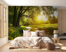 Load image into Gallery viewer, Peaceful Forest River Wall Mural for Bedroom | Tranquil Nature Sunset Wallpaper | Serene Tree Landscape Mural Decor Vn689
