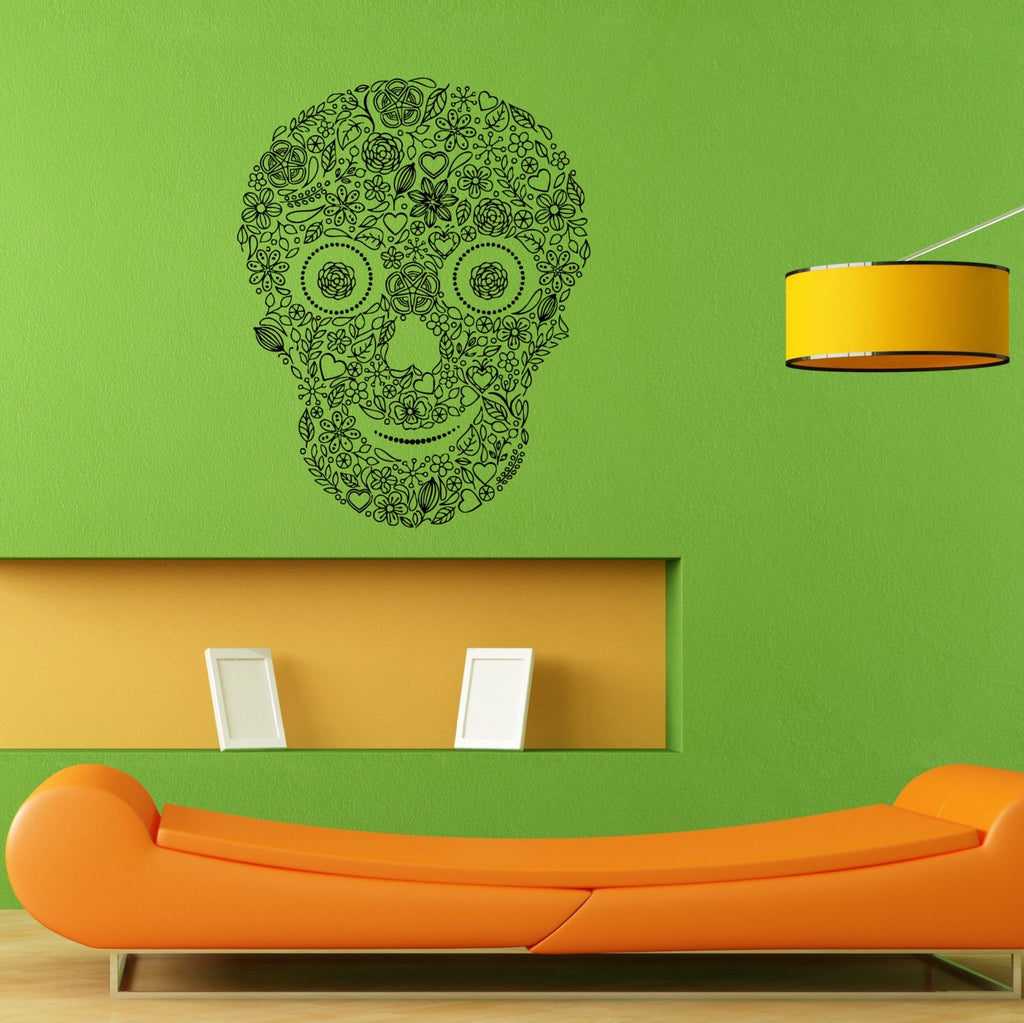 Floral Flower Design Smiling Skull Skeletal Skeleton Wall Sticker Vinyl Mural Decal Home House Apartment Art Decor FREE SHIPPING L045
