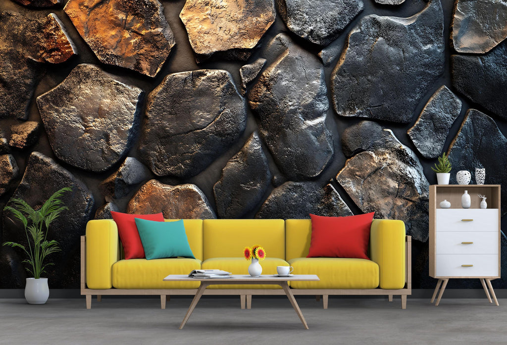 3D Textured Stone Wallpaper – Realistic Dark Rock Wall Mural For Bedroom Or Loft – Stylish Industrial Decor Or Gift For Men, Designers