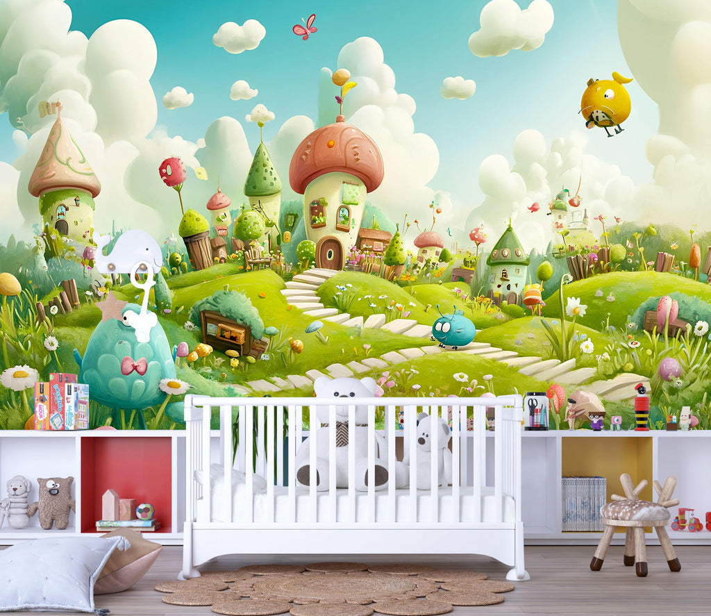 Whimsical Fantasy Wall Mural for Kids Room – Fairy Tale Landscape with Cute Creatures – Colorful Playroom Wallpaper Decor Vn708