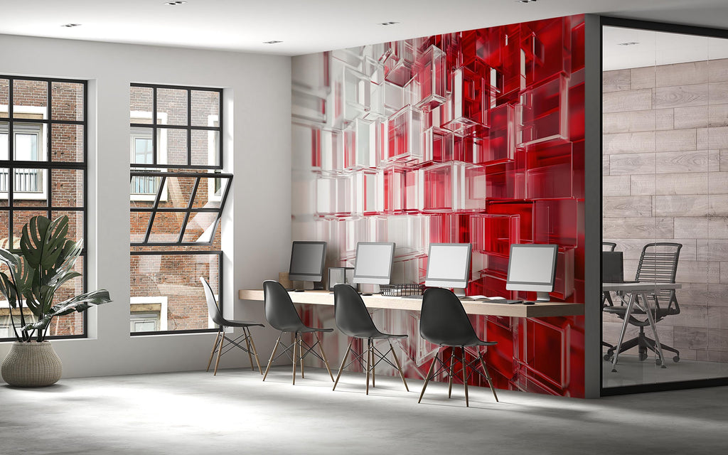 3D Geometric Red And Clear Glass Block Wallpaper – Modern Office Wall Mural – Stylish 3D Texture Wall Decor – Abstract Contemporary