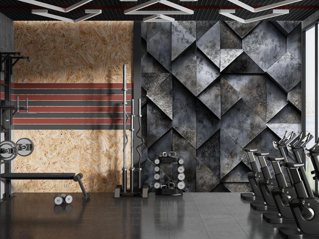 3D Concrete Geometric Texture Wallpaper – Bold Industrial Wall Mural For Home Gym Or Garage – Modern Dark Wall Decor – Stylish Textured