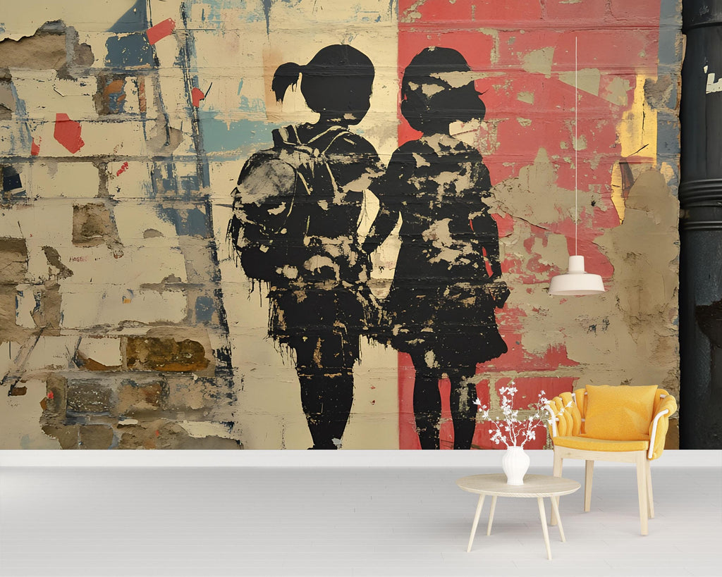 Urban Brick Graffiti Wall Mural – 3D Street Art Wallpaper Featuring Two Girls Holding Hands – Bold Textured Modern Decor – Banksy-Style