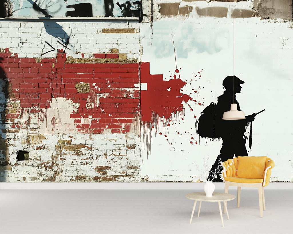 Stencil Soldier Graffiti Wall Mural – 3D Urban Brick Texture Wallpaper With Red Paint Splash – Modern Street Art Decor – Bold Statement