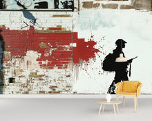 Load image into Gallery viewer, Stencil Soldier Graffiti Wall Mural – 3D Urban Brick Texture Wallpaper With Red Paint Splash – Modern Street Art Decor – Bold Statement