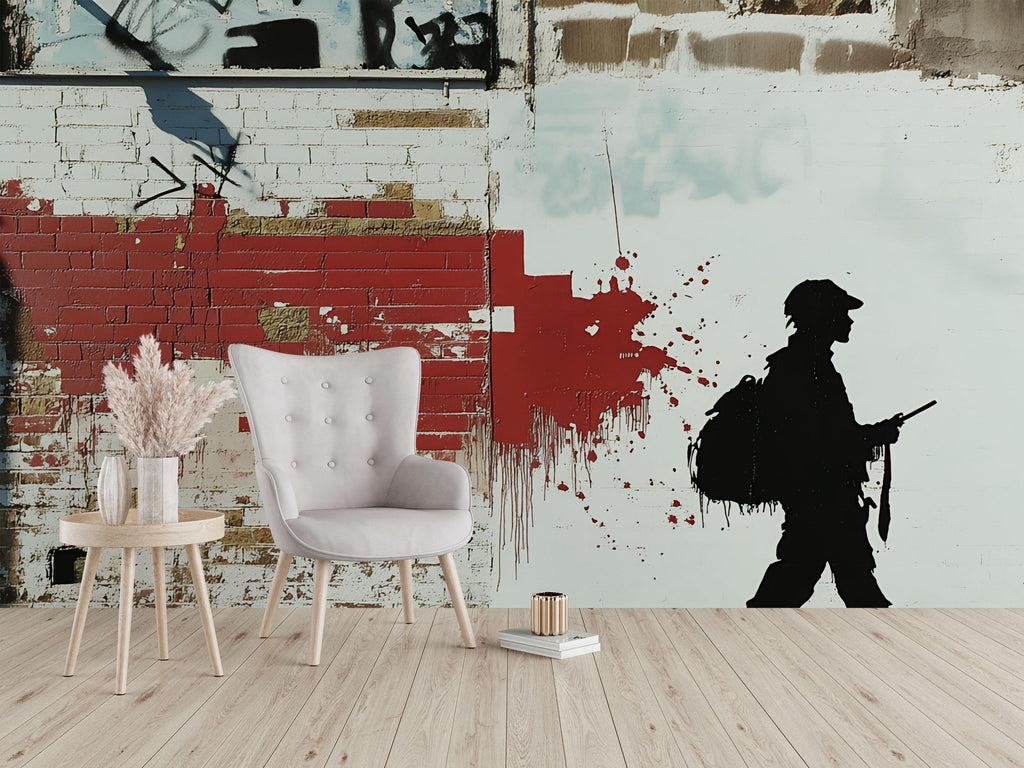 Stencil Soldier Graffiti Wall Mural – 3D Urban Brick Texture Wallpaper With Red Paint Splash – Modern Street Art Decor – Bold Statement