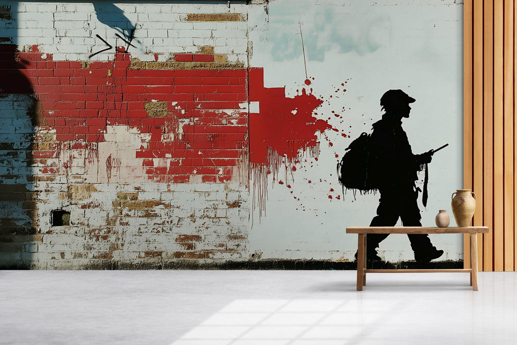 Stencil Soldier Graffiti Wall Mural – 3D Urban Brick Texture Wallpaper With Red Paint Splash – Modern Street Art Decor – Bold Statement