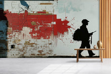 Load image into Gallery viewer, Stencil Soldier Graffiti Wall Mural – 3D Urban Brick Texture Wallpaper With Red Paint Splash – Modern Street Art Decor – Bold Statement
