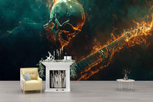 Load image into Gallery viewer, Flaming Skeleton Guitar Wall Mural – Heavy Metal Bedroom Art Decor Vn715