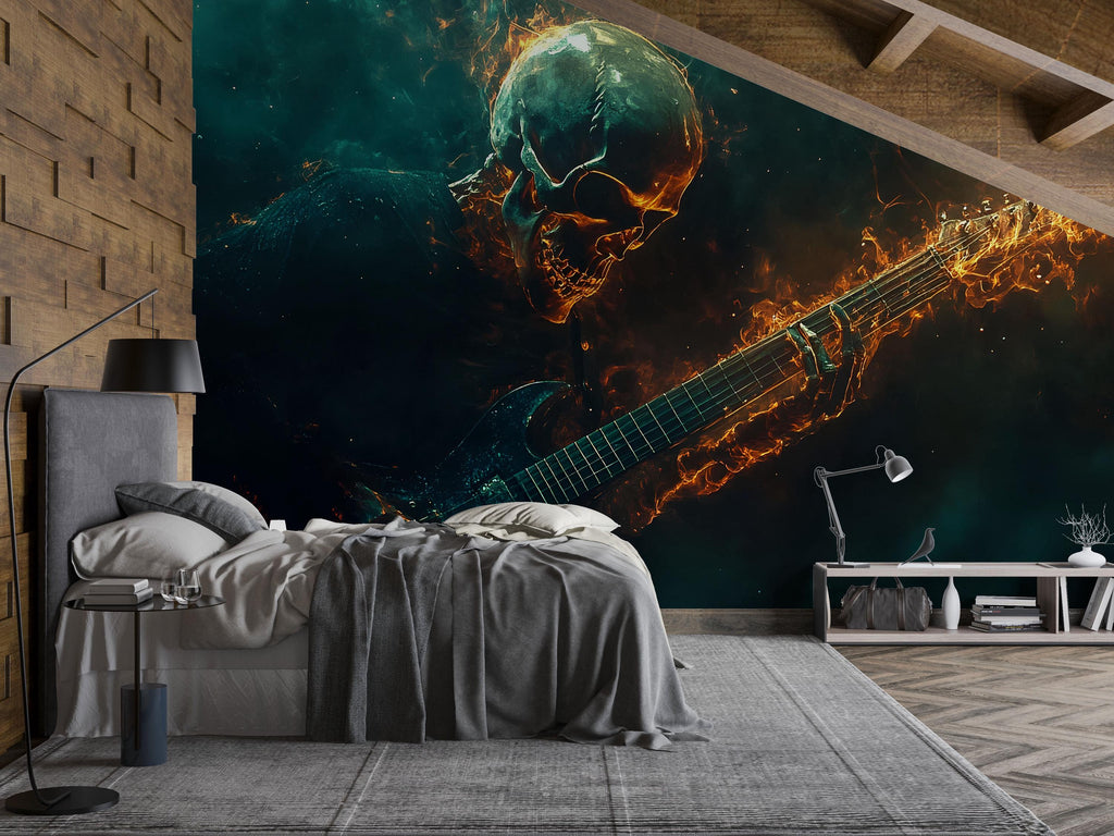 Flaming Skeleton Guitar Wall Mural – Heavy Metal Bedroom Art Decor Vn715