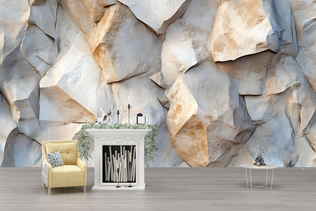 3D Stone Texture Wall Mural – Abstract Rock Pattern Wallpaper In Earthy Beige And Blue – Modern Textured Wall Decor – Stylish Natural Stone