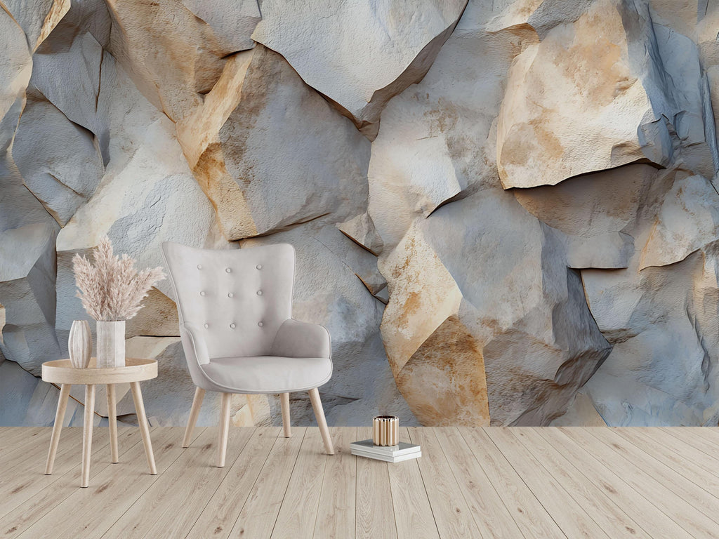 3D Stone Texture Wall Mural – Abstract Rock Pattern Wallpaper In Earthy Beige And Blue – Modern Textured Wall Decor – Stylish Natural Stone