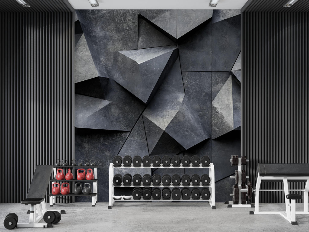 3D Geometric Concrete Wall Mural – Bold Textured Industrial Wallpaper For Home Gym Or Studio – Modern Fitness Room Wall Decor
