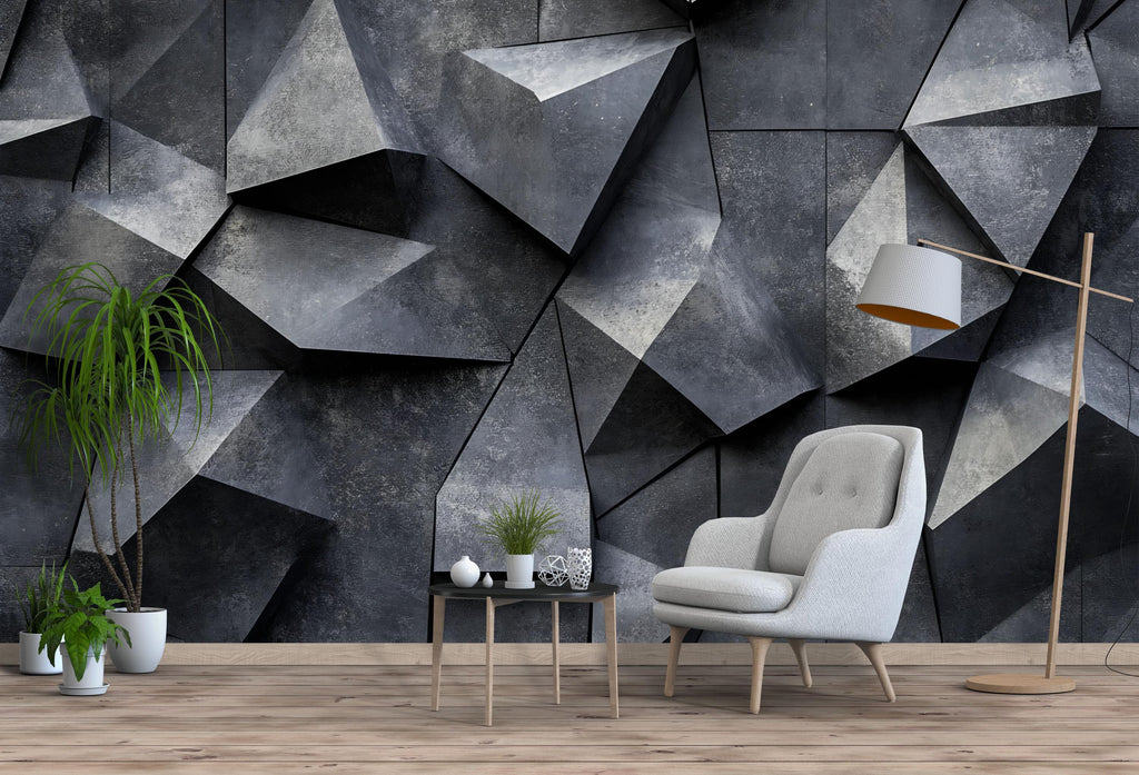 3D Geometric Concrete Wall Mural – Bold Textured Industrial Wallpaper For Home Gym Or Studio – Modern Fitness Room Wall Decor